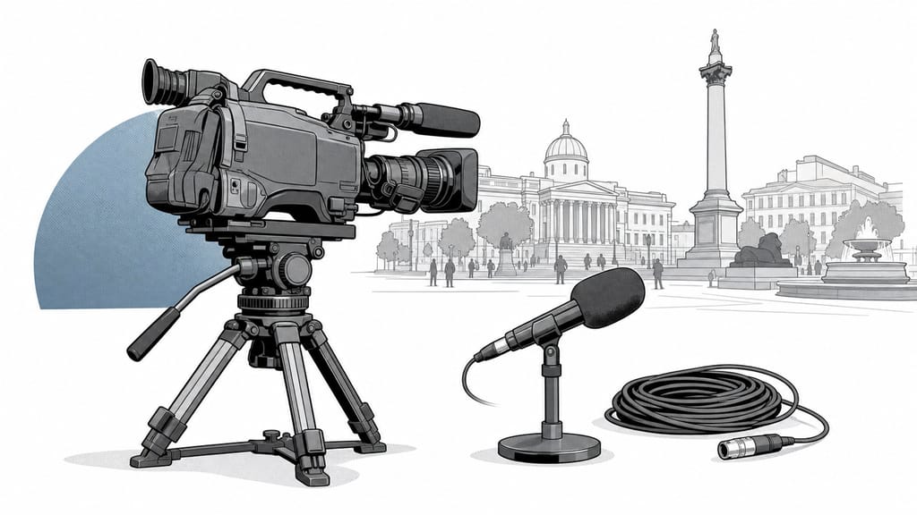 Ilustração de uma câmara de vídeo de reportagem num tripé numa praça