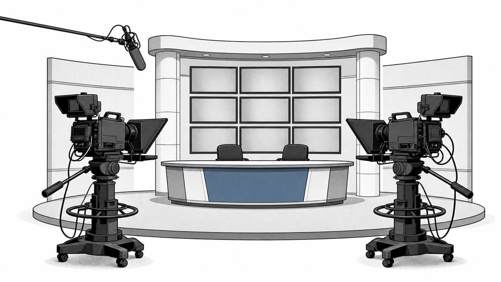 Ilustração de um pequeno estúdio de televisão com câmaras e uma mesa de apresentação