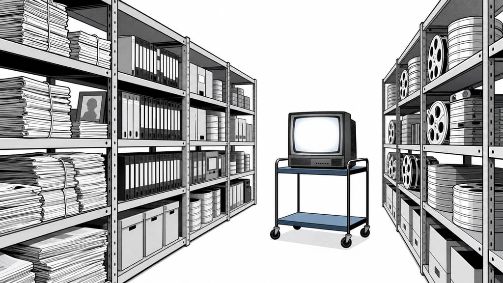 Ilustração de estantes de arquivo com jornais, cassetes de vídeo e um televisor antigo